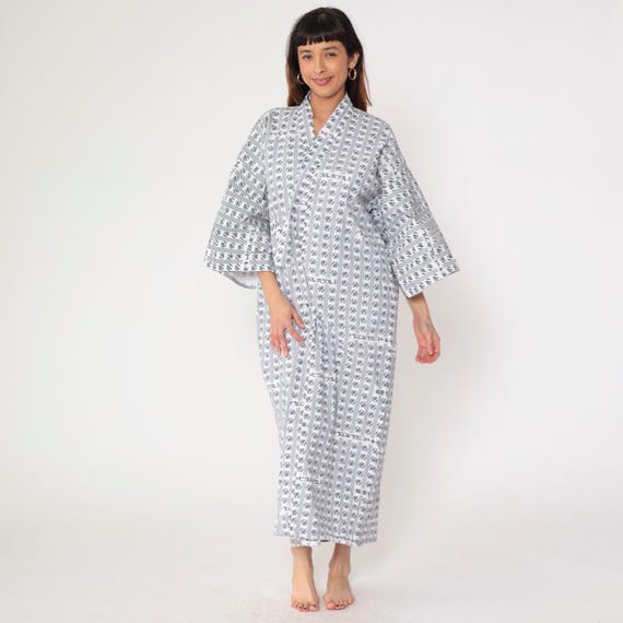 Vintage Yukata Robe 80s Japanese Kimono Dressing Gown Hotel Print Cotton Loungewear 1980s Blue White Geometric Text Small Medium Large