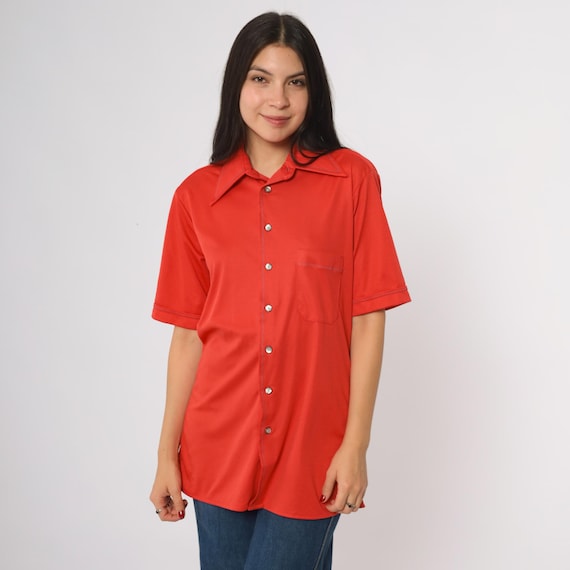 70s Button Shirt Red Bright Orange Red Vintage Short Sleeve Tunic Button Dagger Collar Casual Summer Work Office Preppy Classic Medium M
