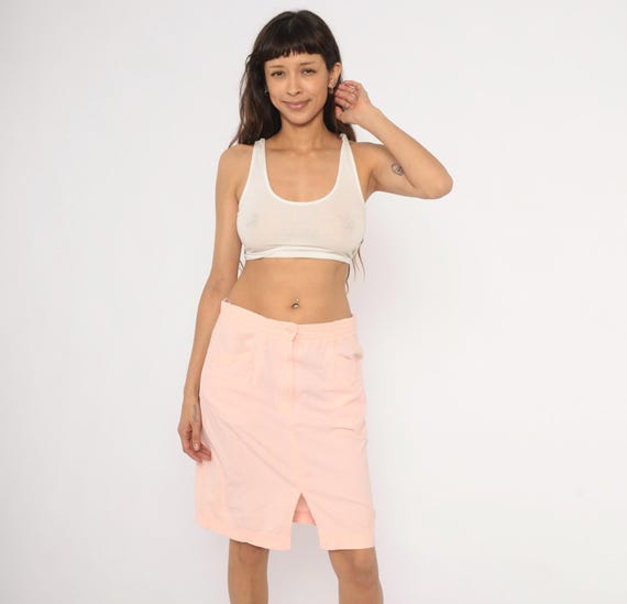 90s Pink Pencil Skirt Blush Cotton Knee Length Front Slit Button Closure Elastic Back Waist Wyndham Sport Salmon Straight Vintage Small S