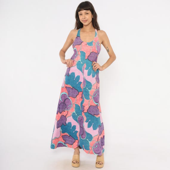 Psychedelic Floral Maxi 70s Halter Dress Purple Teal Pink Racerback Tropical Leaf Cotton Blend Sleeveless Hippie Summer Vintage Small S