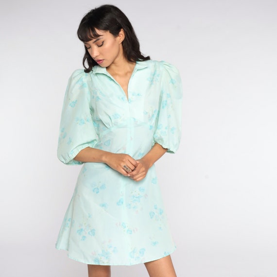 Floral Babydoll Dress 70s Puff Sleeve Mini Blue B… - image 3