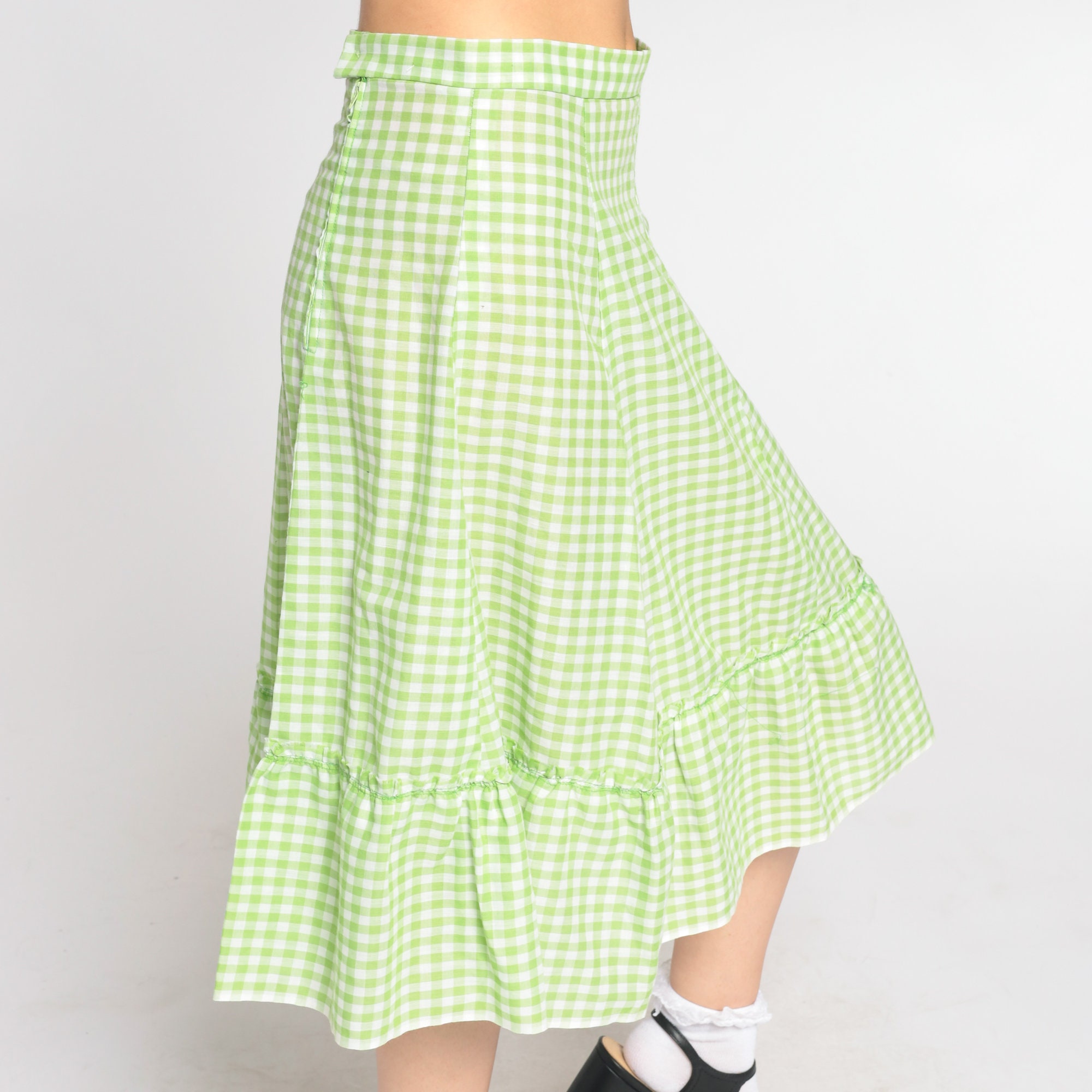 Green Gingham Skirt 70s Midi Skirt White Checkered Retro Etsy