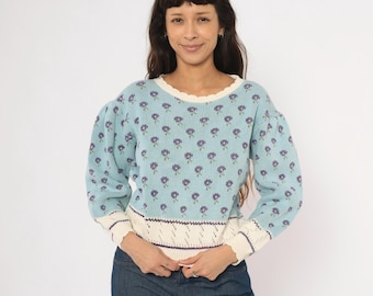 80s Floral Knit Sweater Light Blue Purple Flower Cotton Pullover Puff Sleeve Pointelle Trim Cottagecore Prairie Feminine Blouse Medium M
