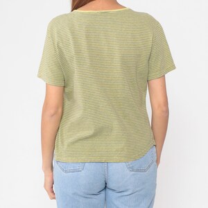 Peut inclure: T-shirt &agrave; manches courtes &agrave; rayures vertes claires et jaunes. Le col est rond et le t-shirt est port&eacute; avec un jean bleu clair. Le mod&egrave;le est vu de dos.