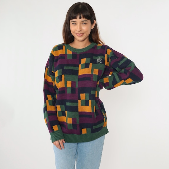 Vintage Geometric Sweater 90s Crystalaire Izod Club Crest Pullover Green Yellow Purple Checkered Print Crewneck Cotton 1990s Men's Large L