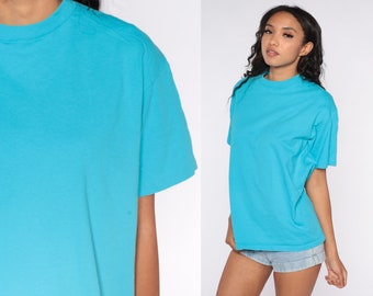 Blue T Shirt Vintage Single Stitch Plain Shirt Tee Shirt 80s Normcore Tshirt 1980s Basic Short Sleeve Large L