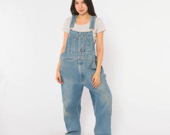 Y2K Big Smith Overalls Blue Denim Bib Carpenter Pants Cotton Dungarees Baggy Workwear Utility Jumpsuit Faded Light Wash Womens Large L