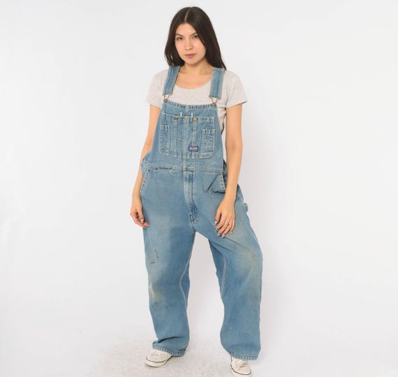 Y2K Big Smith Overalls Blue Denim Bib Carpenter Pants Cotton Dungarees Baggy Workwear Utility Jumpsuit Faded Light Wash Womens Large L