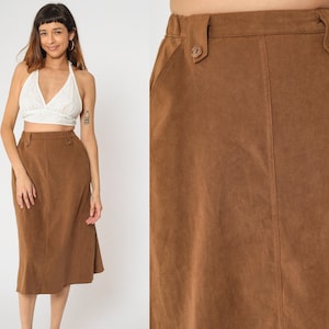 90s A-Line Skirt Brown High Waisted Midi Skirt Retro Basic Professional Secretary Dark Academia Pocket Plain Simple Vintage 1990s 4P Small