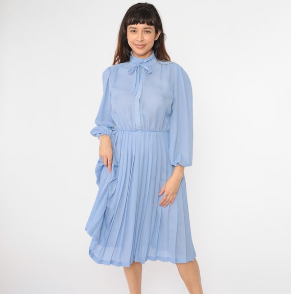 80s Secretary Dress Blue Pearl Button Up Puff Sleeve Shirtdress Neck Tie Midi Pleated High Waisted Vintage 1980s Long Sleeve Small Medium