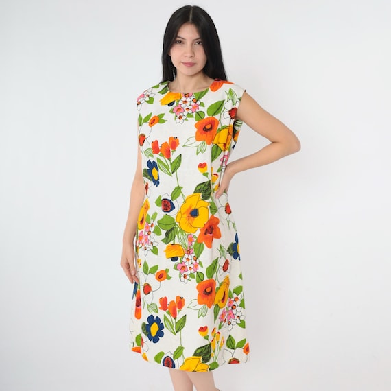 60s Mod Floral Dress Vintage White Yellow Day Dress 1960s Midi Garden Party Dress Sleeveless Princess Seam A-Line Retro Large 12