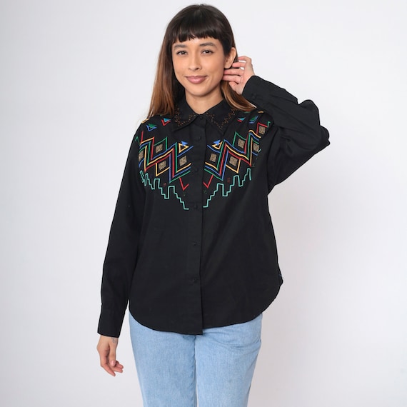 90s Beaded Southwest Shirt Black Embroidered Blouse Aztec Western Button Up Southwestern Blouse Vintage Boho Hippie Long Sleeve Large L