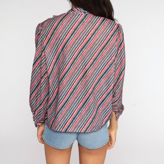 Striped Ascot Shirt Red Grey Secretary Blouse Lon… - image 6