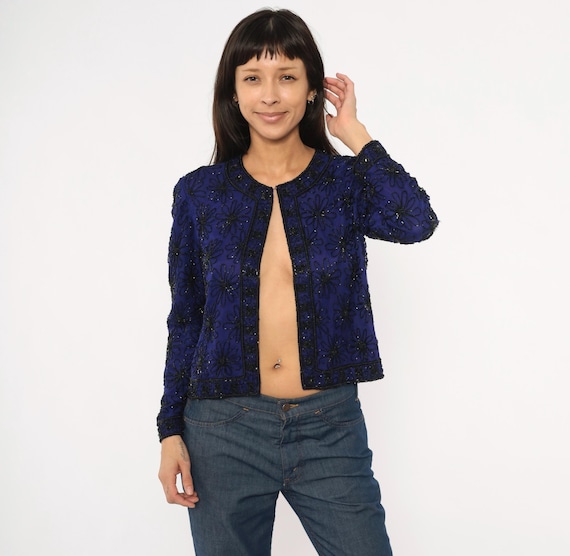 Distressed Beaded Floral Jacket 90s Silk Stenay Cropped Blue Embellished Evening Sequin Cardigan Violet Purple Black Daisy Women Small S