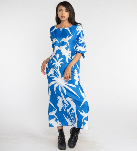 Bird Print Dress 80s Blue Tropical Maxi Dress Boho Cockatoo Palm Tree Print Column Summer Hippie Novelty Long Vintage 1980s Medium M