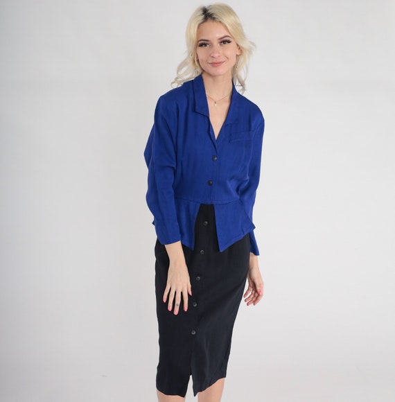 Peplum Dress 90s Button up Midi Dress Blue Black Secretary Dress Long Sleeve Collared V Neck High Waisted Vintage 1990s Carol Anderson XS
