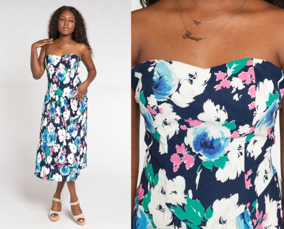 Floral Sundress 80s Strapless Midi Dress Retro Sweetheart Neckline Smocked Sun Day Summer Pin Up Navy Blue Rose Print Vintage 1980s Medium 8