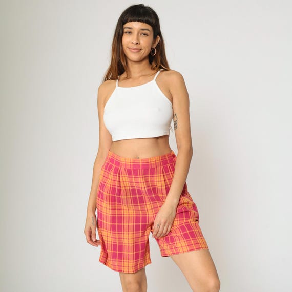 Vintage 90s Plaid Shorts Bright Pink Orange High Waisted Retro Pleated Trouser Shorts Checkered Preppy Academia 1990s Rayon Cotton Medium M