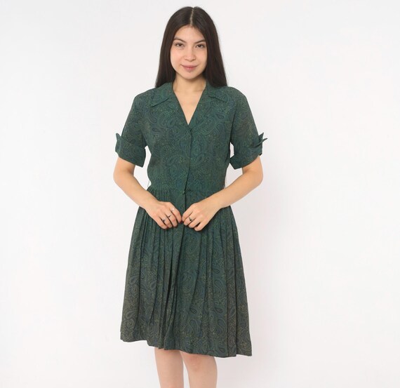 Distressed 60s Paisley Shirtdress Psychedelic Green Blue Button Front Pleated Skirt Cuffed Short Sleeve Fitted Waist Vintage Dress Small S