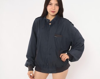 80s Members Only Bomber Jacket Navy Blue Zip Front Cotton Windbreaker Stand Collar Epaulettes Long Sleeve Dark Blue Unisex Vintage Large L