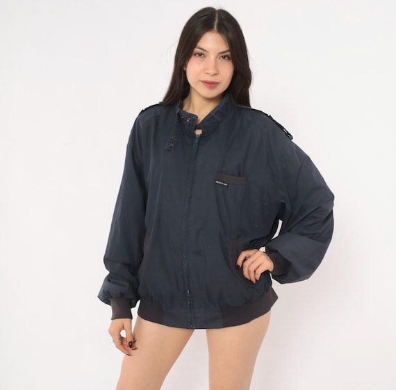 80s Members Only Bomber Jacket Navy Blue Zip Front Cotton Windbreaker Stand Collar Epaulettes Long Sleeve Dark Blue Unisex Vintage Large L