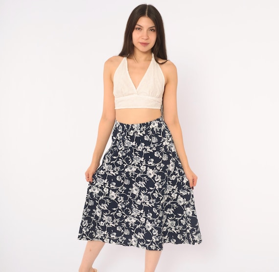 80s Floral Midi Skirt White Flower Print Cotton A Line Blue Cottagecore Prairie Dark Academia Summer Flared Garden Party Vintage Small S