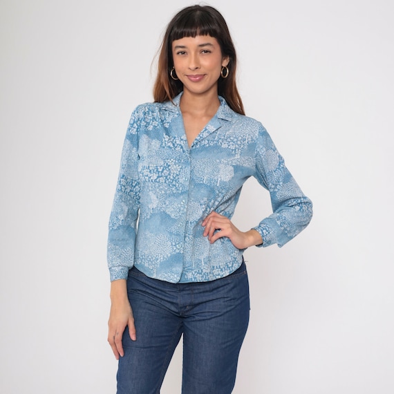 70s Tree Shirt Novelty Print Blouse 70s Floral Disco Top Hippie 1970s Boho Blue Vintage Nature Long Sleeve Button Up Medium