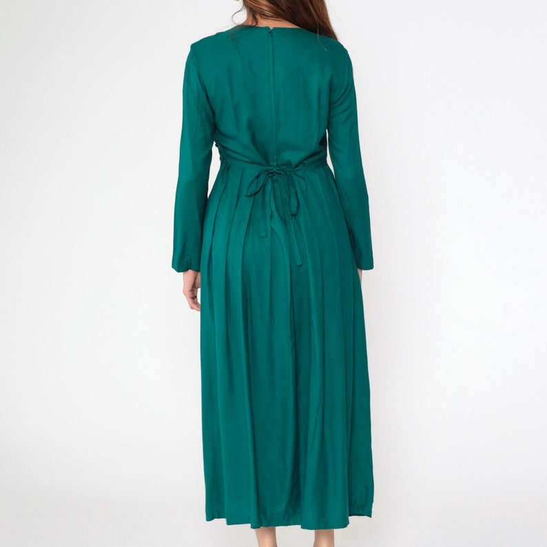 Robe fleurie verte des années 90 robe brodée Maxi bohème bouton étoile vintage plissé taille haute ceinture attachée grunge manches longues rayonne petit 6 image 6