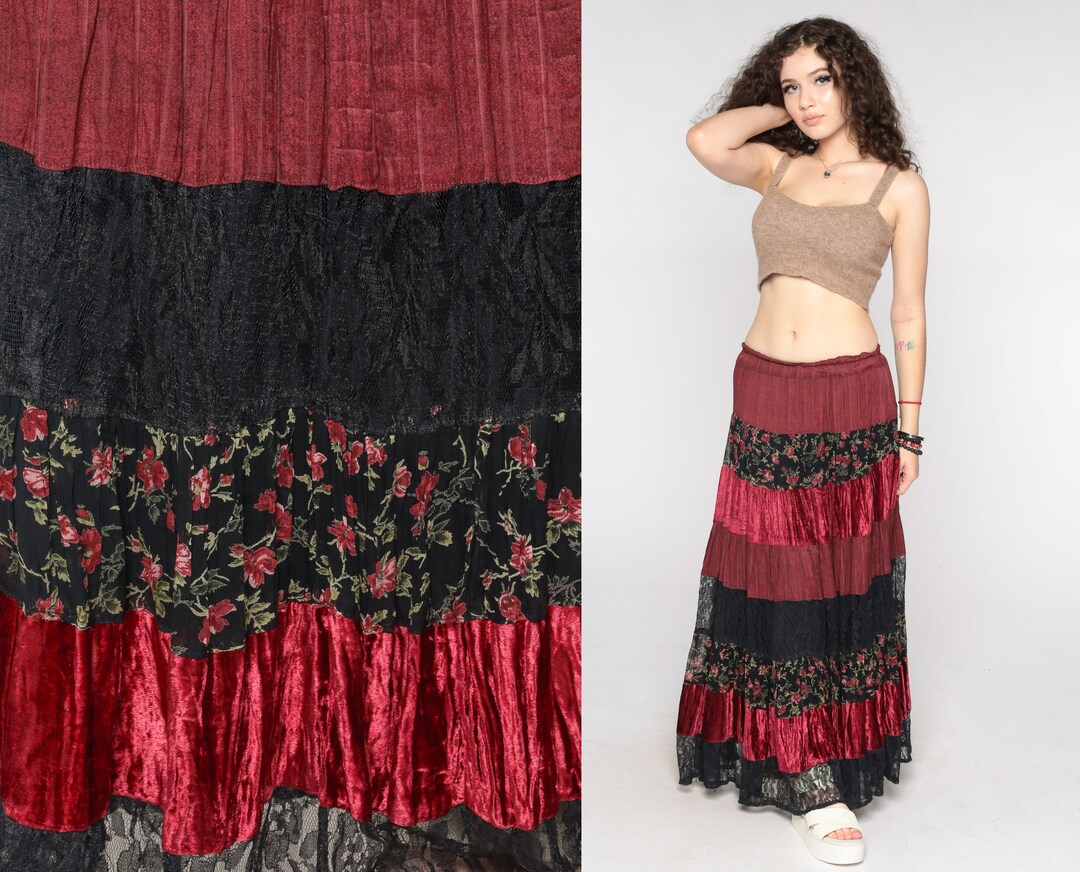 Tiered Broomstick Skirt Lace Velvet Red Black Boho Hippie Etsy