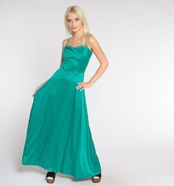 70s Party Dress Green Maxi Dress Sleeveless Sweetheart Neckline High Basque Waist Grecian Prom Cocktail Gown Vintage 1970s Princess Small S