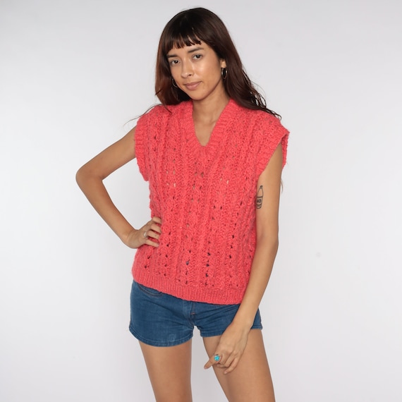Sheer Sweater Vest Top Pink Sweater Top 80s Boho Knit Boho Hippie Vintage V Neck Cap Sleeve Vest 1980s Large L