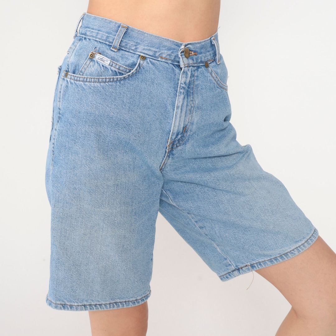 Vintage 90s 00s Blue Cream Aztec Geometric Print High Wasted Denim Shorts 8 10 S