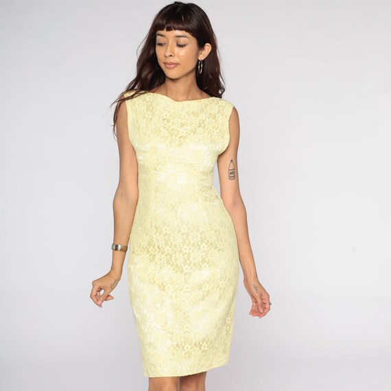 60s Lace Dress Yellow Cocktail Mini 1960s Party Formal Mod Shift Vintage Mad Men Sleeveless Jackie O Evening Dress Extra Small xs