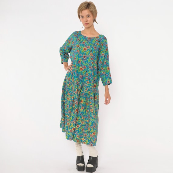 80s Floral Drop Waist Dress Teal Blue Green Purple Gold Scroll Midi Pockets Loose Boxy Tiered Grandmacore Garden Lounge Vintage Large L