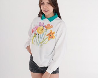 Sudadera con flores de acuarela Suéter floral con cuello Y2K Camisa con gráfico de flores silvestres Camisa de abuela blanca Cuello verde Vintage años 00 Jerzees Mediano M