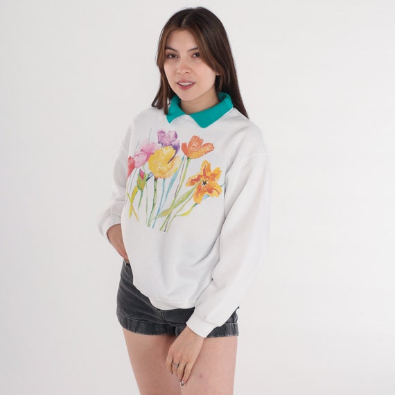 Watercolor Flower Sweatshirt Y2K Collared Floral Sweater Wildflower Graphic Shirt Grandma White Green Collar Vintage 00s Jerzees Medium M