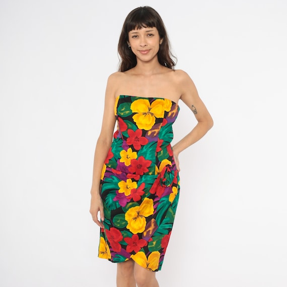 Tropical Floral Strapless Dress 90s Wrap Skirt Yellow Red Green Hibiscus Print Tiki Party Summer Sundress Fitted Cocktail Vintage Small S