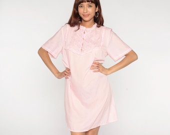 80s Nightgown Pink Eyelet Lace Button Front Short Sleeve Cotton Blend Broadway Lingerie Vintage Miss Broadway Sleepwear Scalloped Trim Large