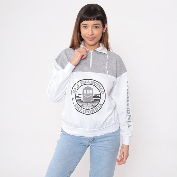 Vintage 90s San Francisco Sweatshirt Trolley Quarter Zip Sweatshirt Pullover Sweater 1990s California Sweater White Grey Small Medium