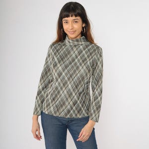 Vintage 70s Turtleneck Shirt Brown Plaid Boho Checkered Dark Academia High Neck Top Retro Long Sleeve Funnel 1970s Bohemian Grey Medium M