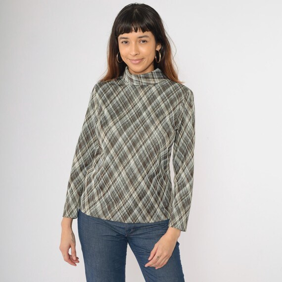 Vintage 70s Turtleneck Shirt Brown Plaid Boho Checkered Dark Academia High Neck Top Retro Long Sleeve Funnel 1970s Bohemian Grey Medium M
