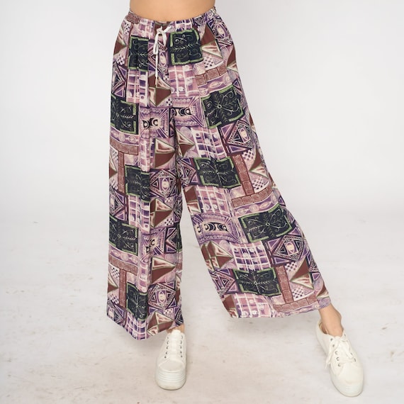 90s Patchwork Pants Boho Abstract Print Wide Leg Trousers Hippie Loose Flowy High Drawstring Waist Summer Slacks Purple Vintage 1990s Small