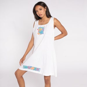 Tropical Tank Top Dress 90s White Fish Shirt Seashell Tshirt Dress Empire Waist Graphic Dress 1990s Travel Beach Cover Up Sleeveless Large