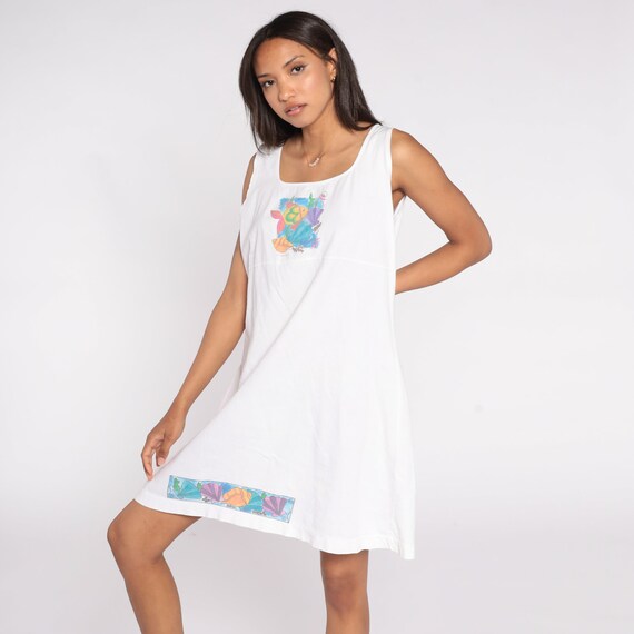 Tropical Tank Top Dress 90s White Fish Shirt Seashell Tshirt Dress Empire Waist Graphic Dress 1990s Travel Beach Cover Up Sleeveless Large