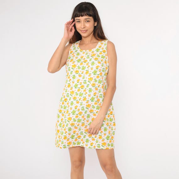 Vintage 90s Floral Dress Mini Dress Retro White Yellow Green Flower Print Summer Sundress Boho Shift Sleeveless Scoop Neck 1990s Medium