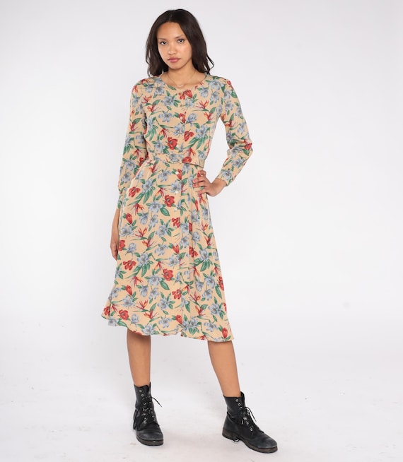 90s Floral Dress Beige Rayon Midi Button Front Belted Fit and Flare Tropical Botanical Liz Claiborne Petite Fall Garden Size 2 Small S