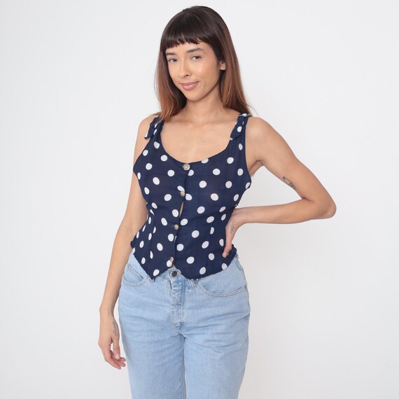 Polka Dot Vest Top 90s Navy White Dots Gold Button Front Summer Rockabilly Pinup Shoulder Ties Sleeveless Cropped Fitted Extra Small XS 2