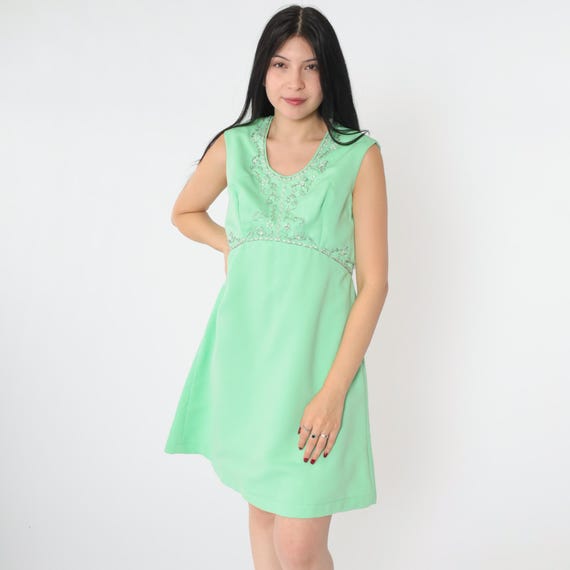 60s Beaded Party Dress Mini Cocktail Babydoll Mod 70s Vintage Mint Green Rhinestone Formal Empire Waist Sleeveless Scoop Neck Medium 8