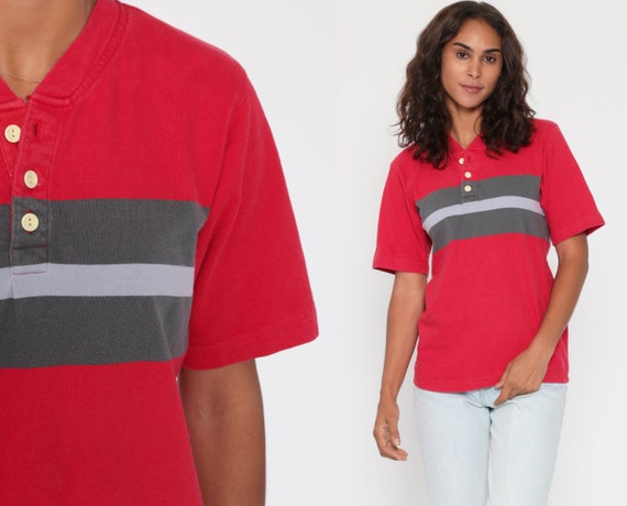Red Polo Shirt 80s Striped TShirt Polo Short Sleeve Striped Half Button Up 1980s Vintage Retro Cotton Grey 1980s Sportswear Small Medium
