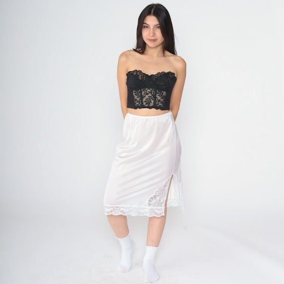 White Lace Slip Skirt 80s Nylon Midi Lingerie Skirt Side Slit Half Slip Retro Pinup Elastic Waist Romantic Pin Up Vintage Plain Small